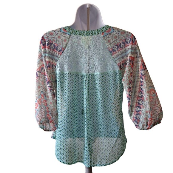 Fig & Flower Womens Blouse PS Multicolor Sheer Lace Blouson Sleeve Boho Hippie - Picture 2 of 7